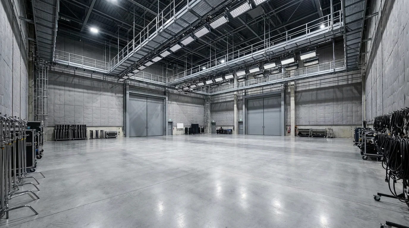 A wide, empty film soundstage with professional lighting rigs and equipment, representing content production costs.