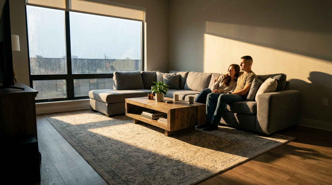 A wide photograph of a couple relaxing on a sofa in their living room.