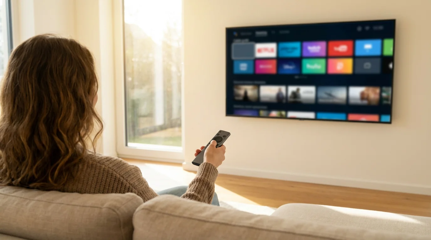 A woman from behind, using a remote to browse a TV channel grid guide.