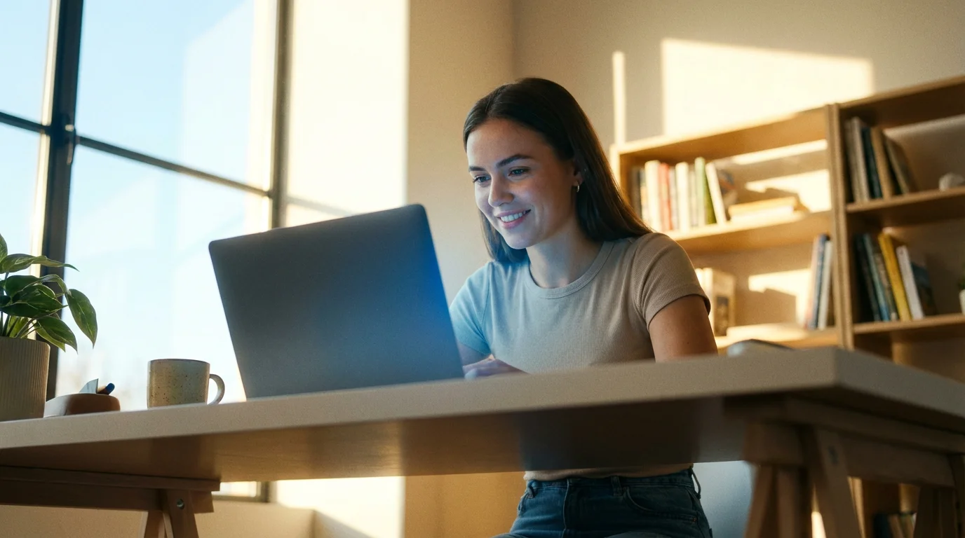 A woman sits at a desk in a sunny room, looking at a laptop.