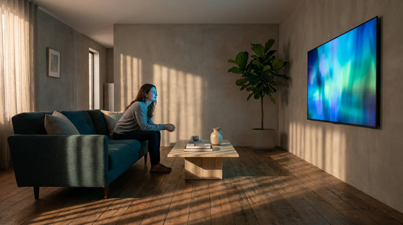 A woman sits in a shadowy, modern living room watching a glowing television screen.