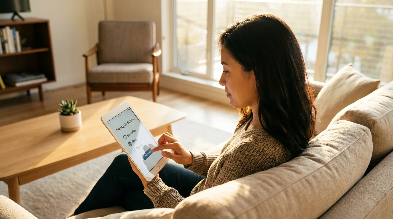 A woman sits on her sofa, thoughtfully managing her subscriptions on a digital tablet.