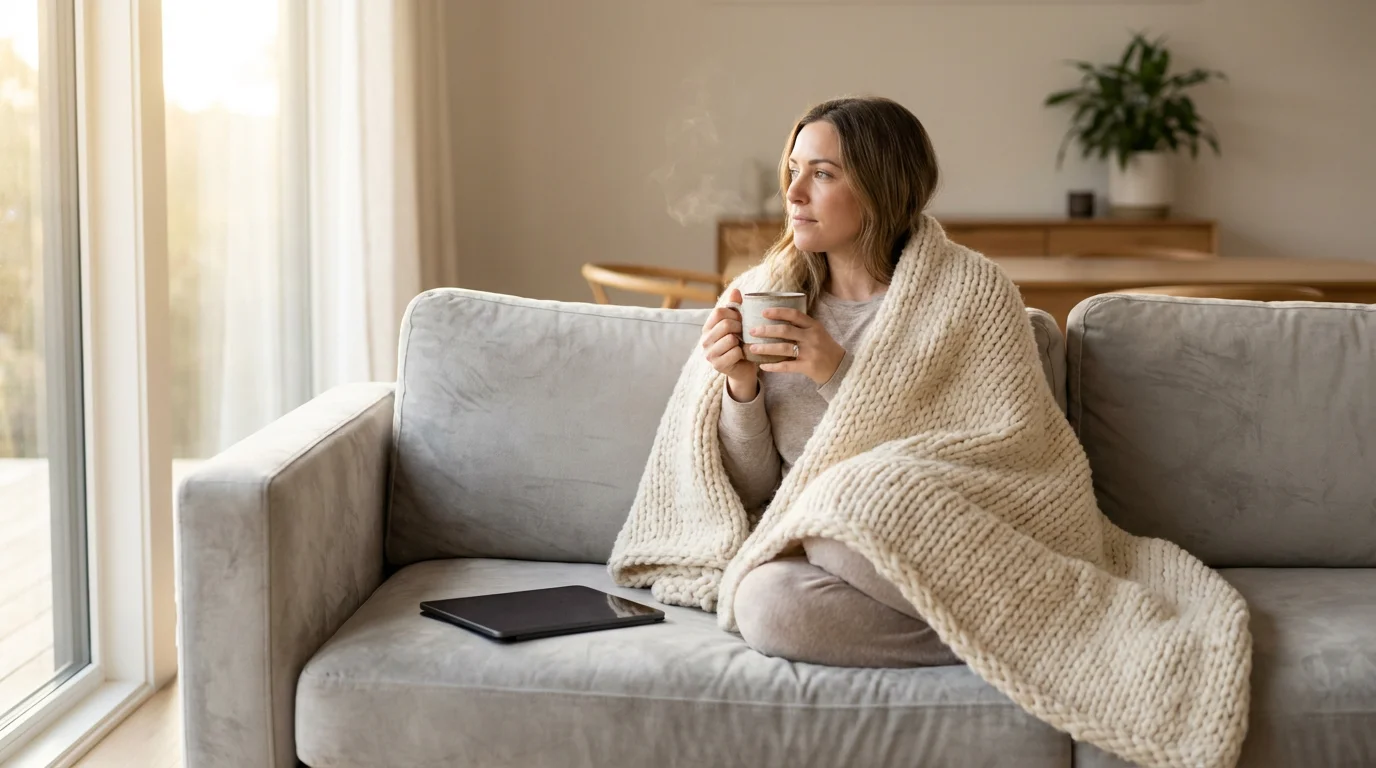 A woman wrapped in a blanket on a sofa, contemplating her streaming choices.