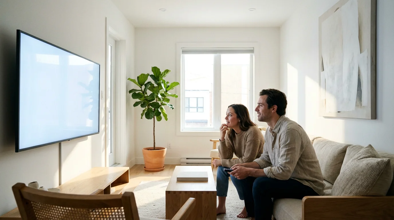 A young couple in a modern, sunlit living room looking captivated by a television.