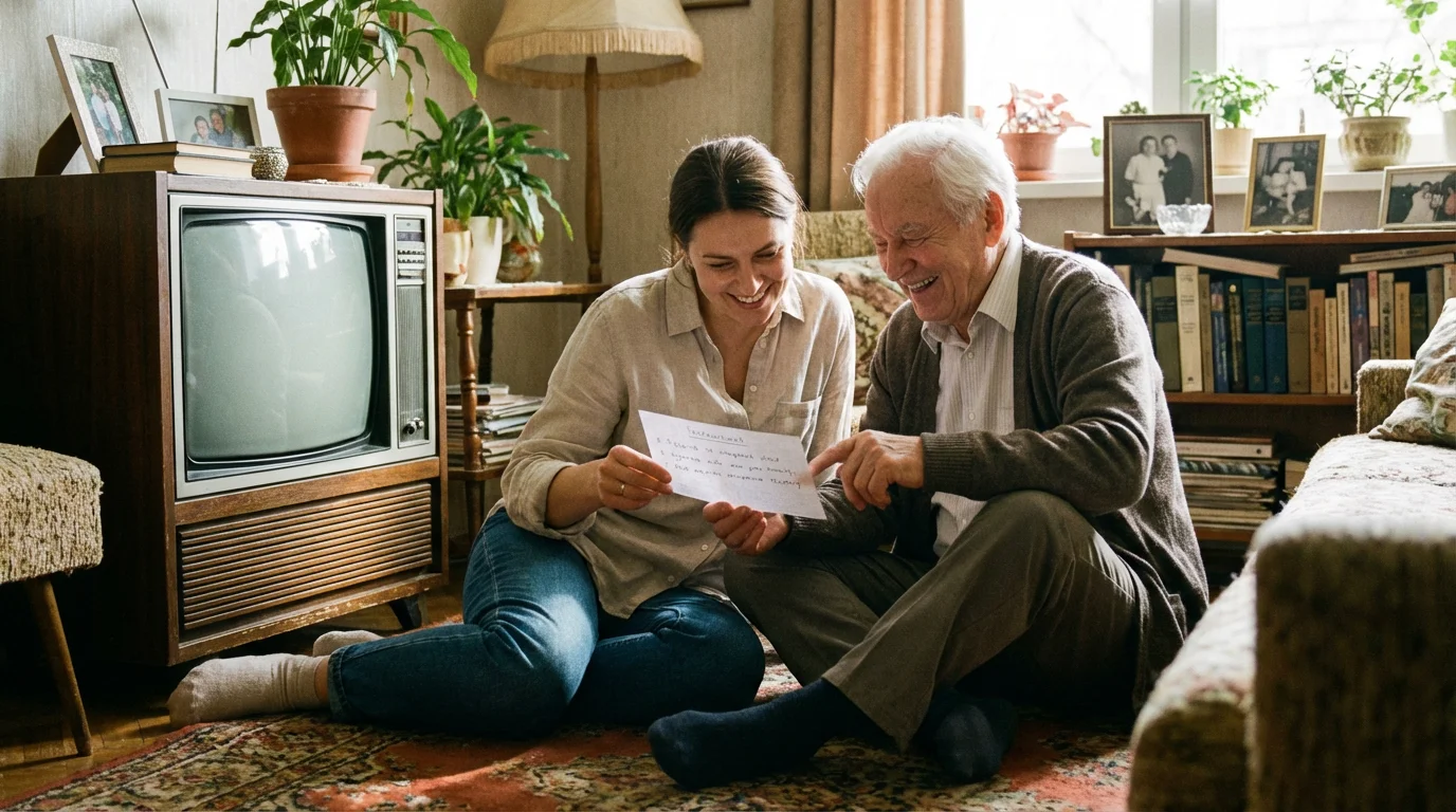 An adult daughter helping her elderly father set up a streaming device.