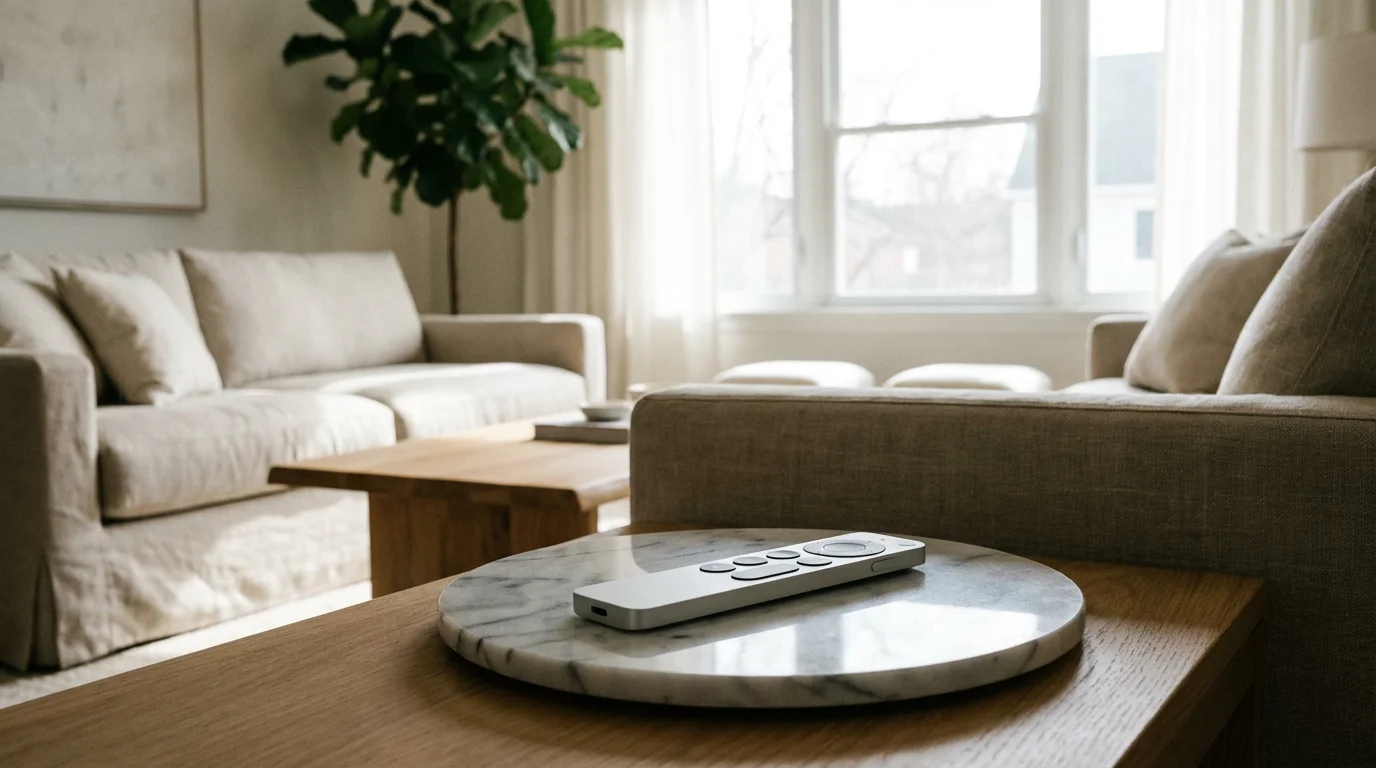 An Apple TV remote in a modern, minimalist home setting.