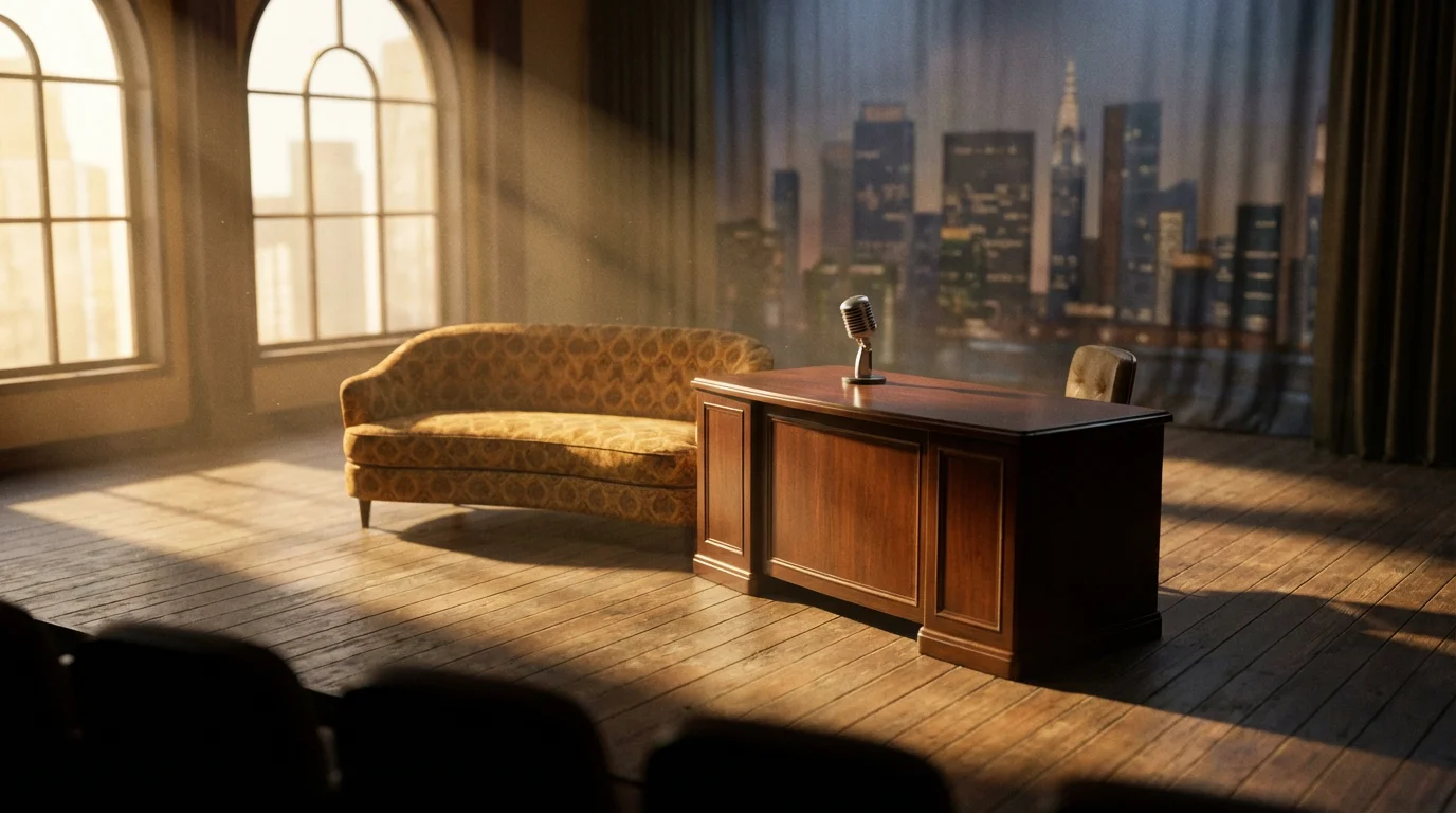 An empty vintage late-night talk show set bathed in soft morning light.