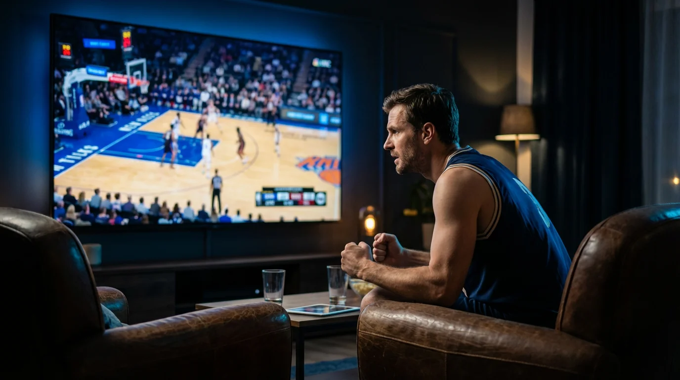 An excited sports fan watching a live game on a large television screen.
