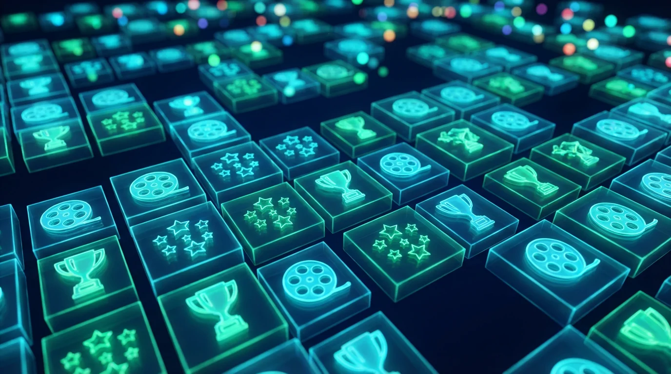 An infinite grid of glowing 3D tiles representing a massive library of streaming content.