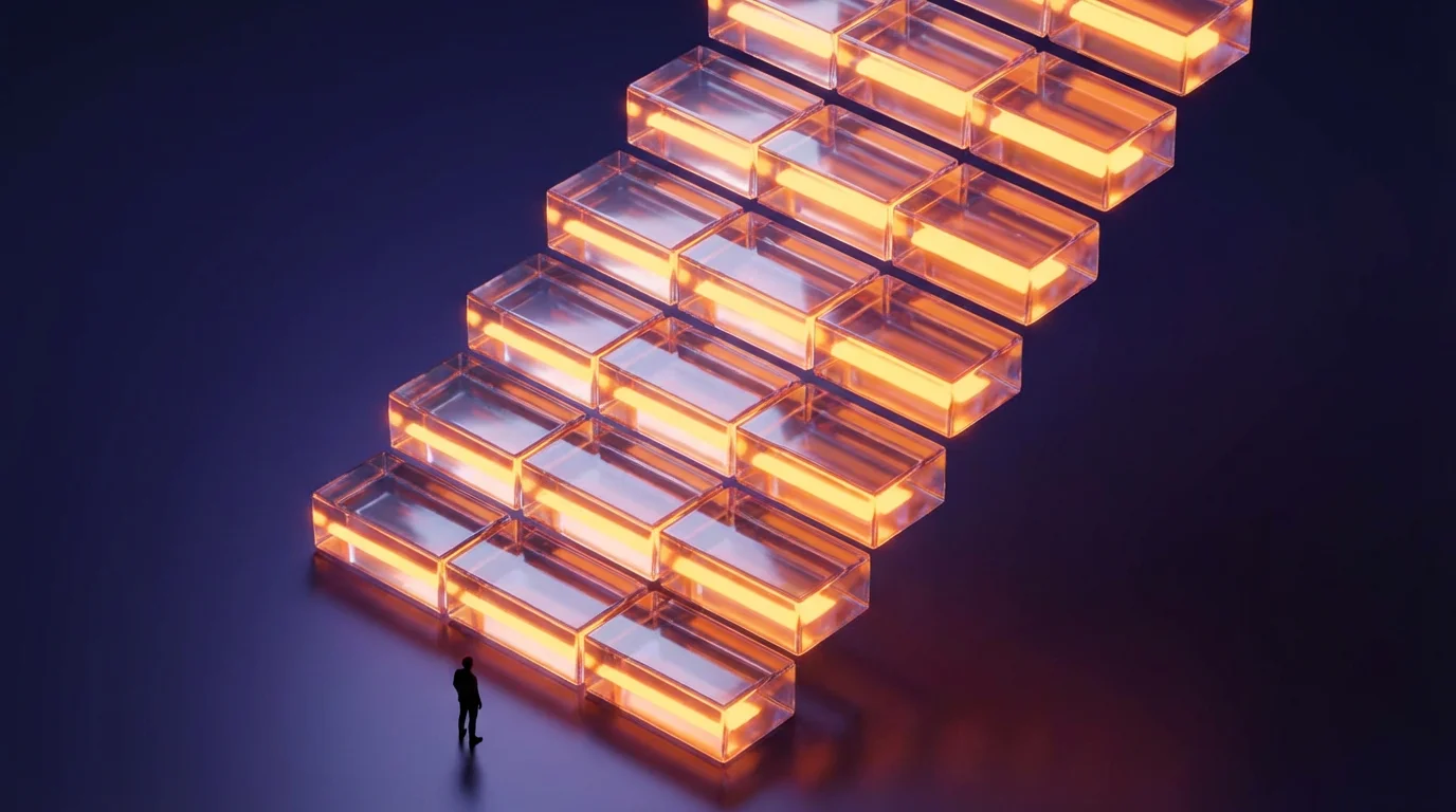 An isometric 3D view of a rising glass staircase illuminated in orange, symbolizing increasing subscription costs.