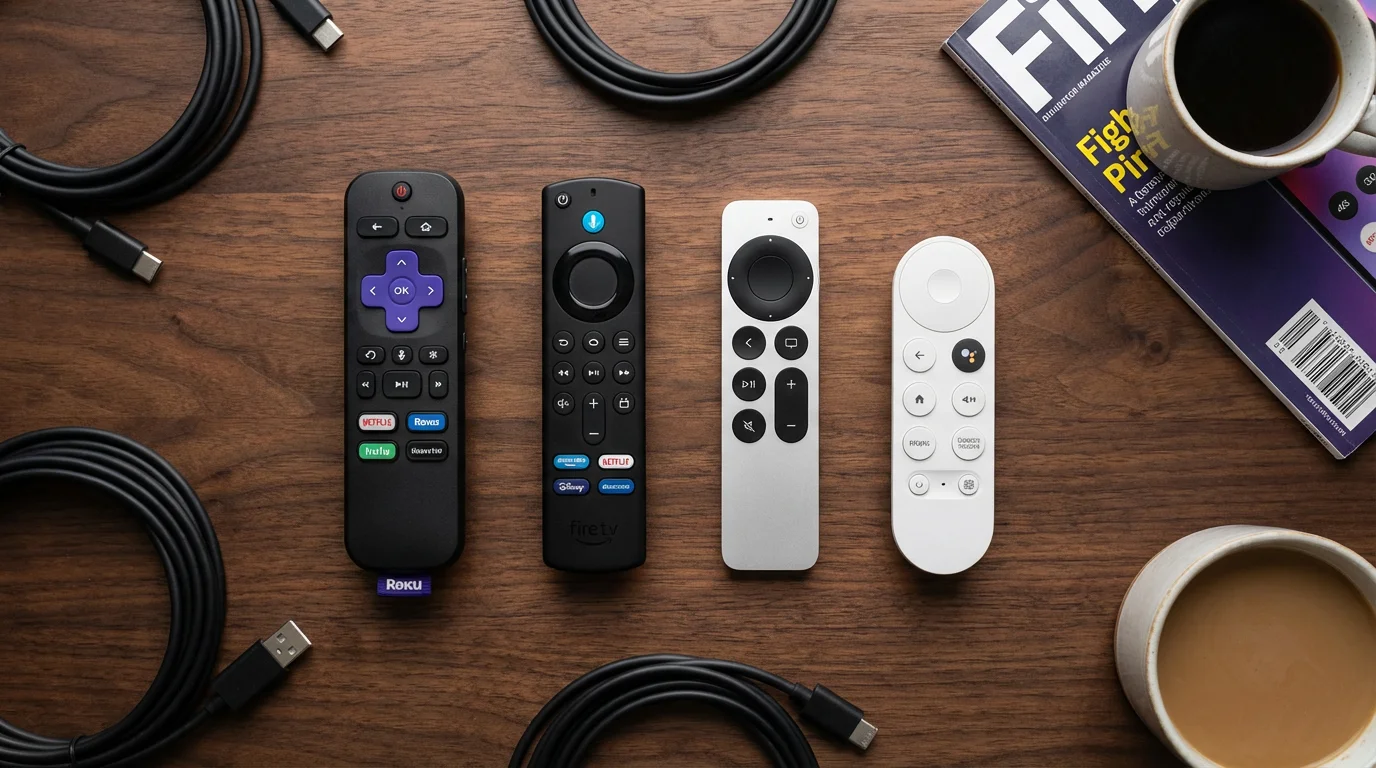 An organized arrangement of various streaming device remotes on a wooden surface.