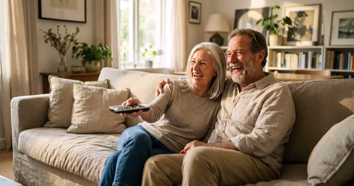 A happy senior couple enjoying television together in a bright, cozy living room.