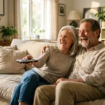 A happy senior couple enjoying television together in a bright, cozy living room.