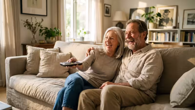 A happy senior couple enjoying television together in a bright, cozy living room.
