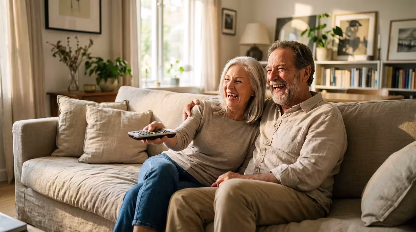A happy senior couple enjoying television together in a bright, cozy living room.