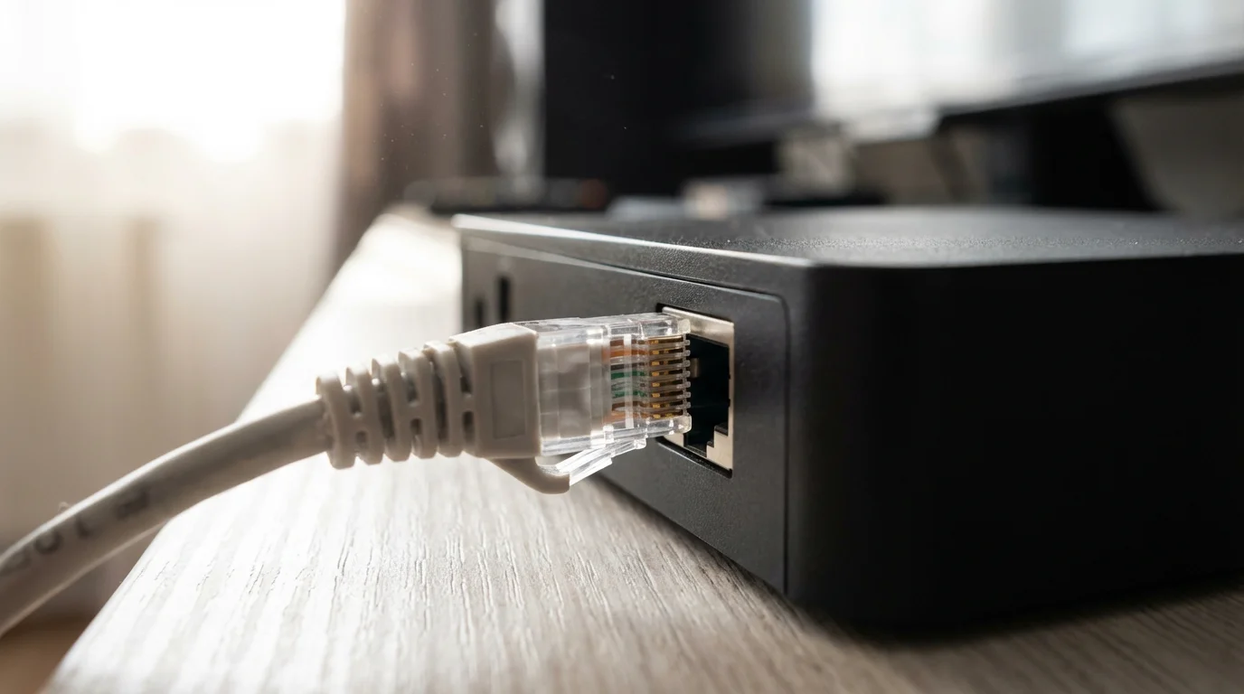 Close-up macro photo of a grey Ethernet cable plugging into a streaming device port.