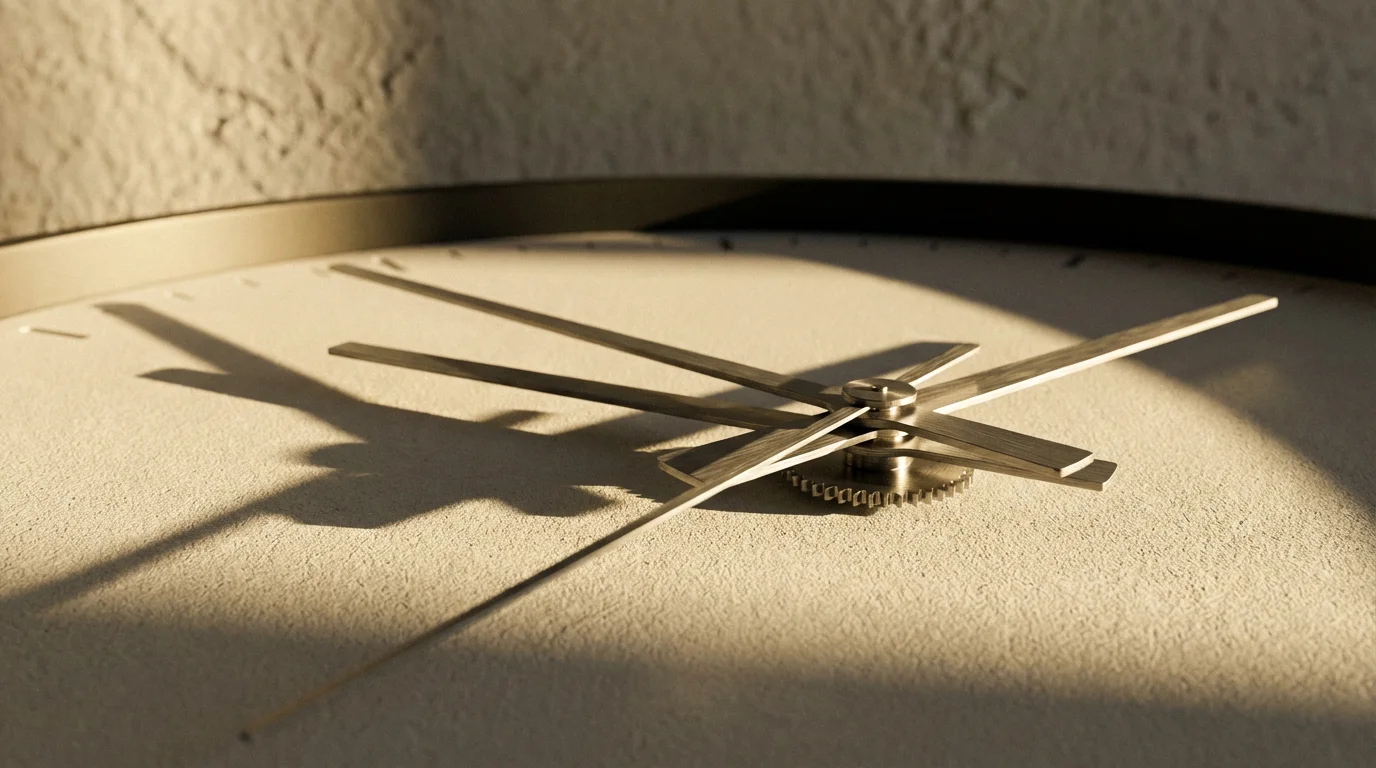 Close-up macro photo of a minimalist clock face with long afternoon shadows.