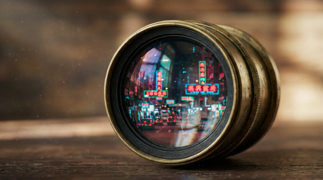 Close-up macro photo of a vintage projector lens reflecting abstract, vibrant neon colors.