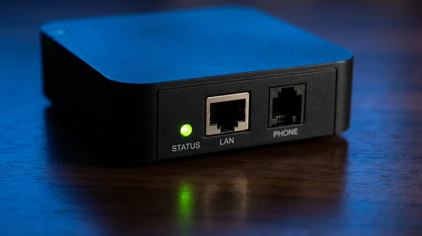 Close-up macro photo of glowing LED lights on a modern black VoIP hardware adapter.