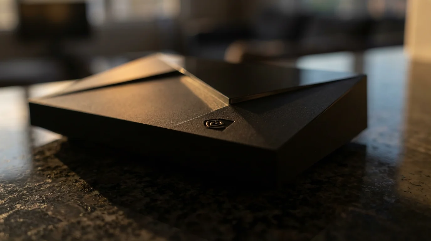 Close-up macro photo of the angular, textured surface of a powerful streaming device.