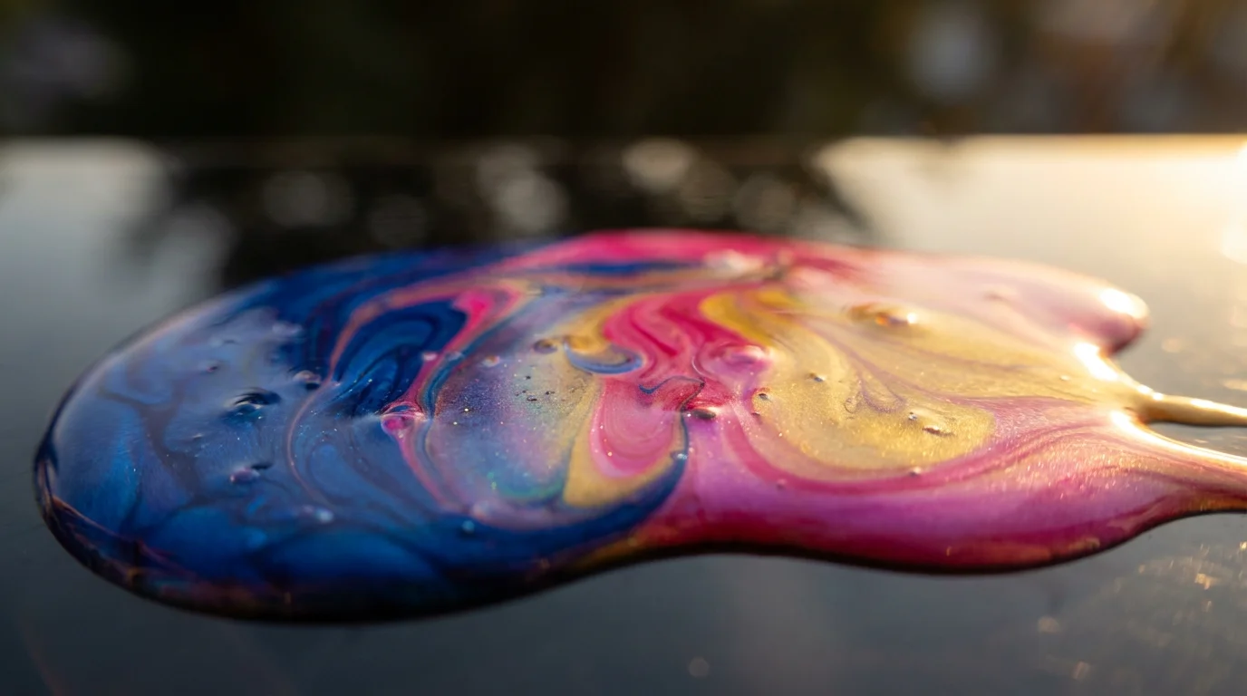 Close-up macro photo of vibrant, colorful liquids swirling and merging together during golden hour.