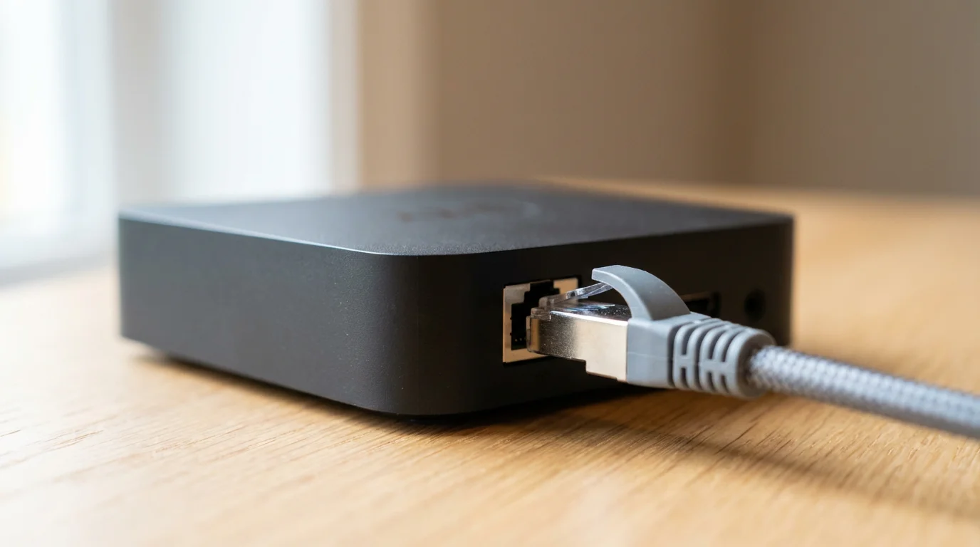 Close-up macro shot of an ethernet cable plugging into a modern streaming media device.