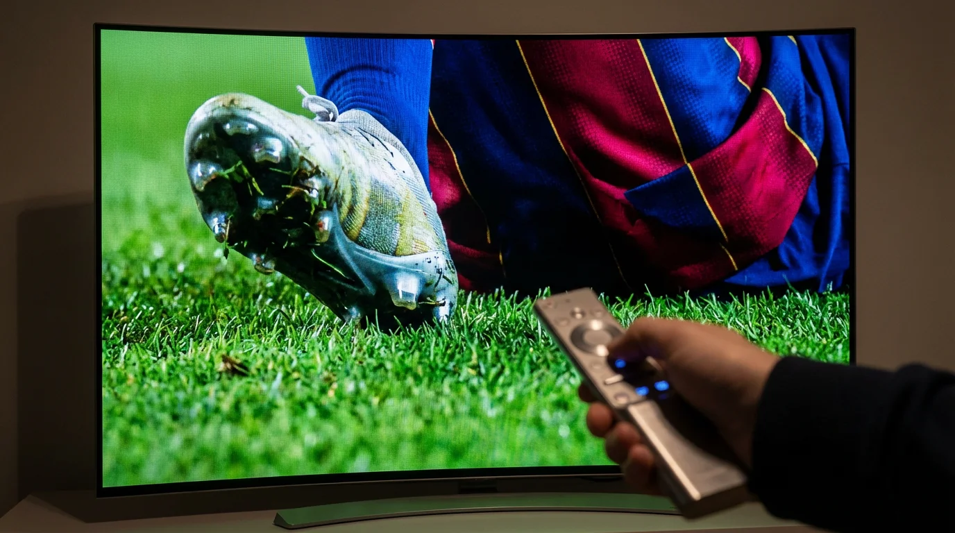 Close-up of a 4K TV screen displaying sharp details of a live soccer match with a remote in the foreground.