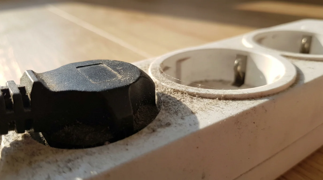 Close-up of a dusty, forgotten electrical plug in a power strip during golden hour.