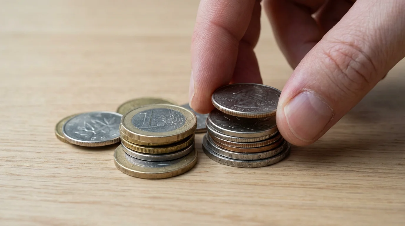 Close-up of a hand carefully dividing a pile of coins on a wooden table.