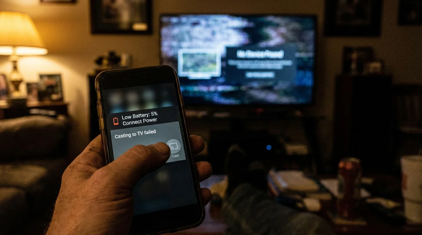 Close-up of a hand holding a phone with low battery in front of a television.