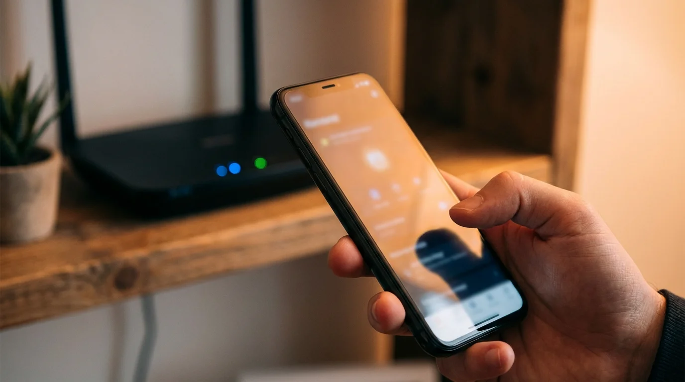 Close-up of a hand holding a smartphone with a glowing screen in a home setting.
