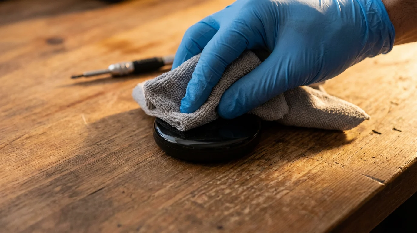 Close-up of a hand in a glove cleaning a refurbished streaming device on a workbench.