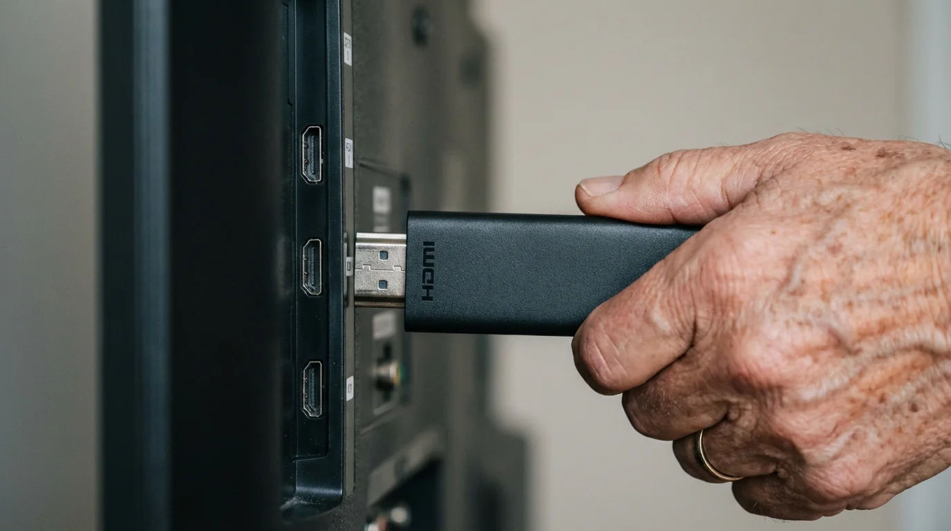 Close-up of a hand plugging a streaming media device into a television HDMI port.