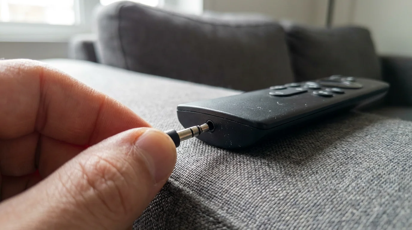 Close-up of a hand plugging headphones into a streaming media remote for private listening.