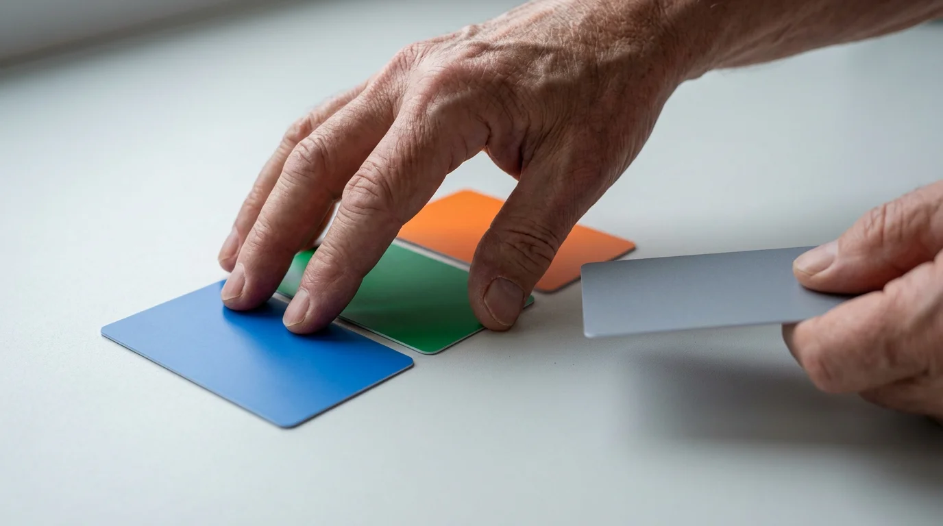 Close-up of a hand separating four blank, colored cards, symbolizing limiting subscription services.