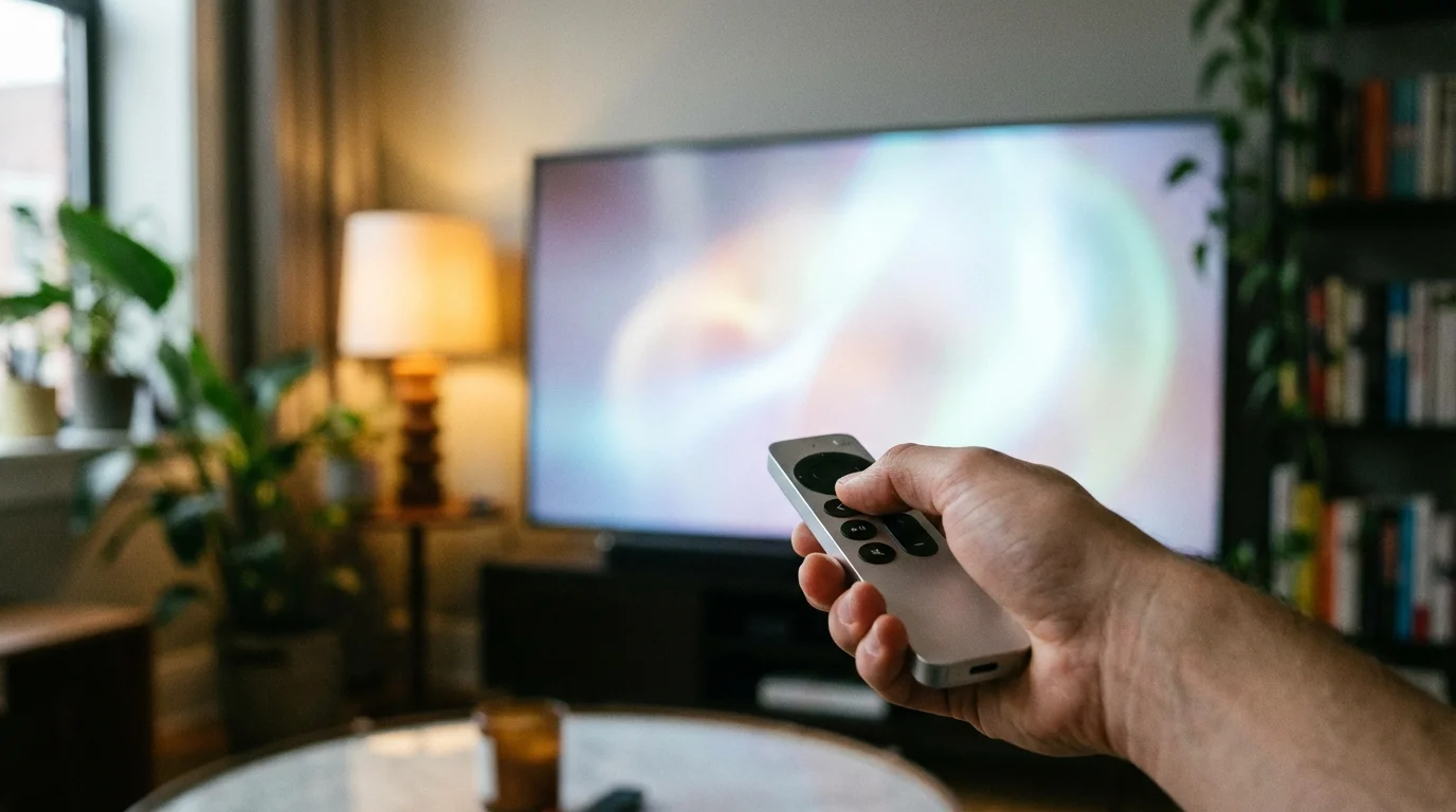 Close-up of a hand using a remote control in a stylish, dimly lit room.