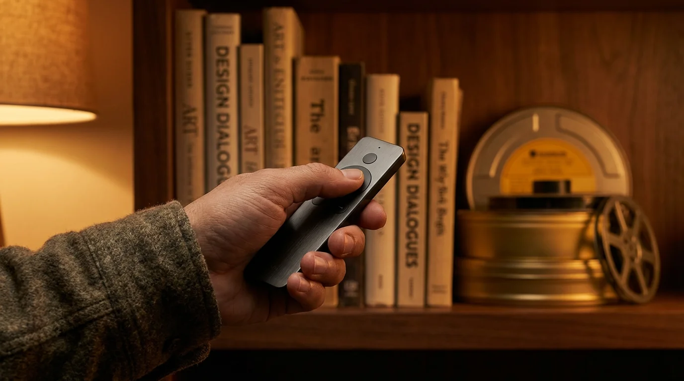 Close-up of a hand using a remote in a sophisticated, dimly lit room with blurred books in the background.