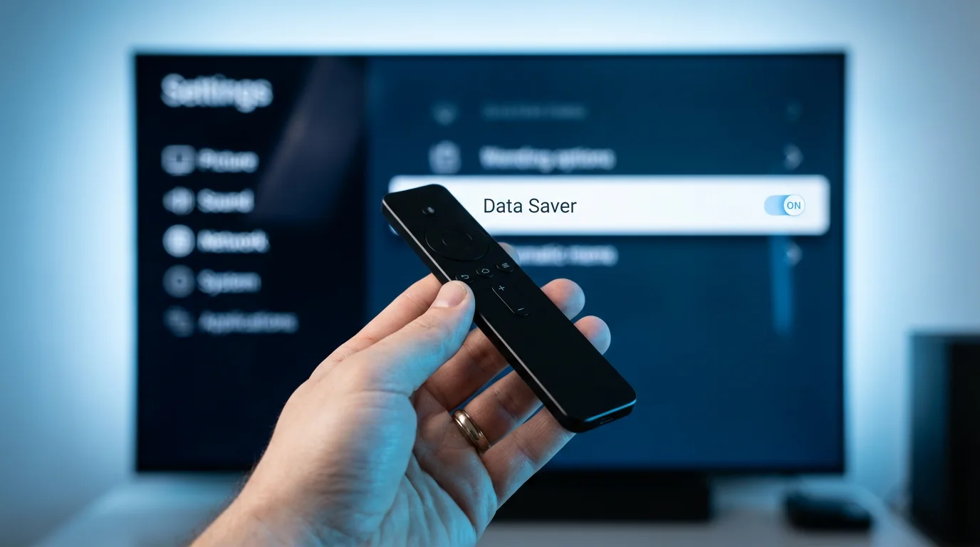 Close-up of a hand using a remote to navigate settings on a smart TV screen.