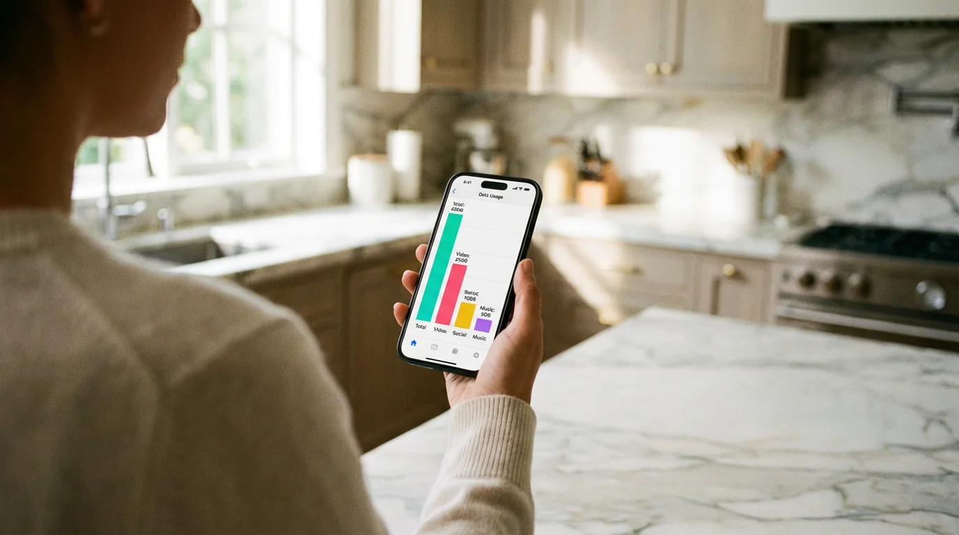 Close-up of a person checking a data usage chart on their smartphone in a modern home.