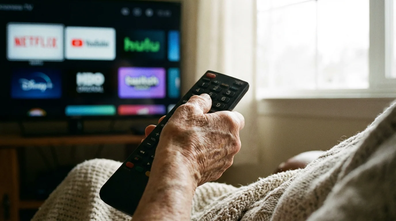 Close-up of a senior holding a remote with a simple TV interface in the background.