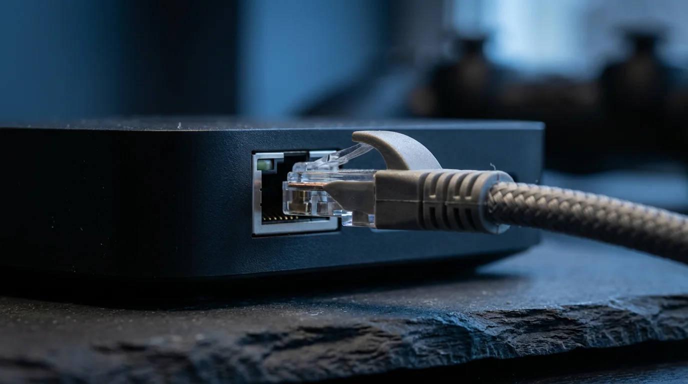 Close-up of an Ethernet cable being plugged into a black streaming device for gaming.