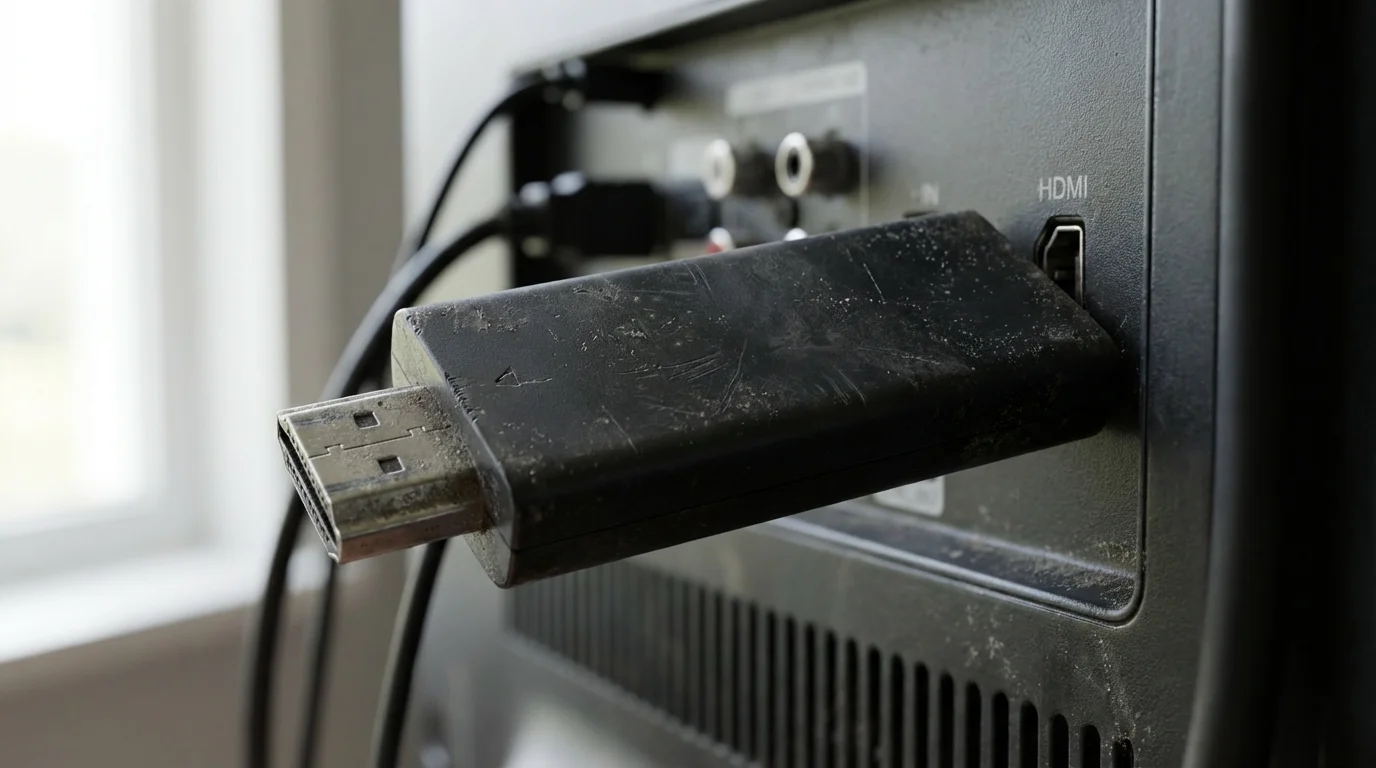 Close-up of an old, dusty streaming stick being unplugged from a television's HDMI port.