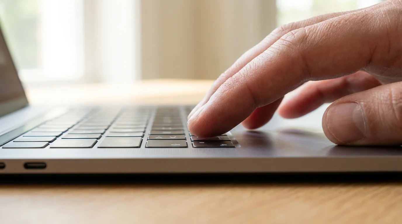 Close-up of fingers typing numbers on a sleek laptop keyboard near a window.