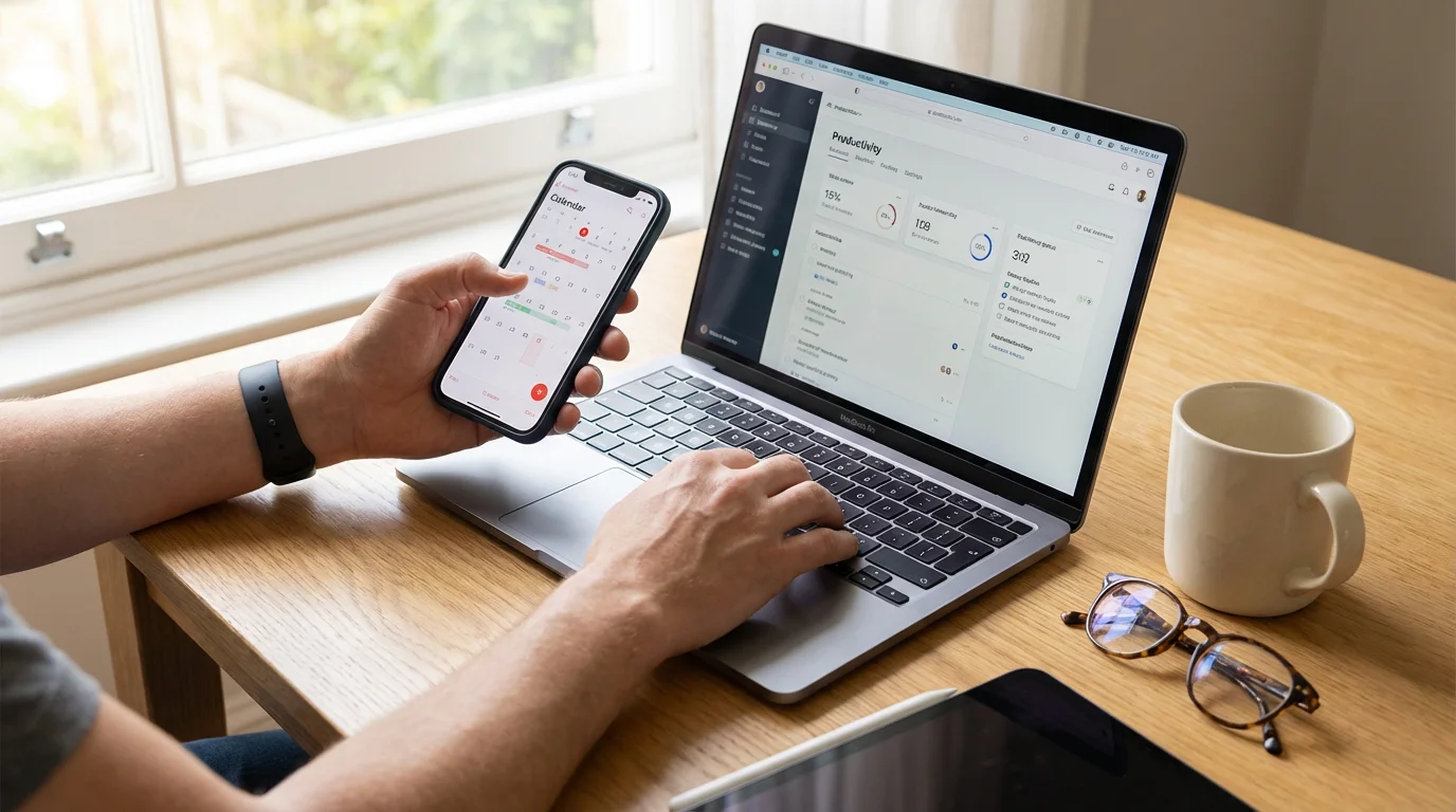 Close-up of hands managing streaming accounts on a smartphone and laptop on a wooden desk.