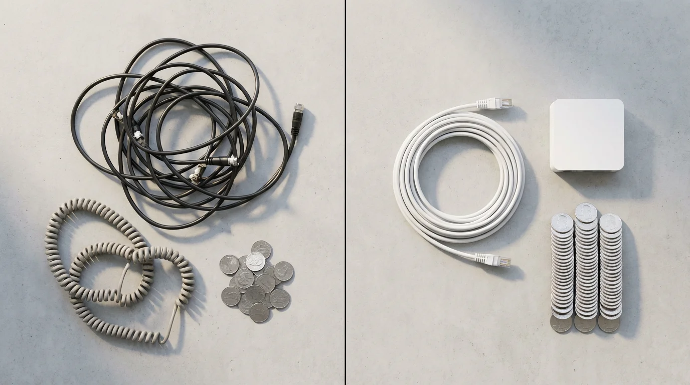 Cost comparison flat lay: tangled cables with few coins vs. VoIP with many coins.