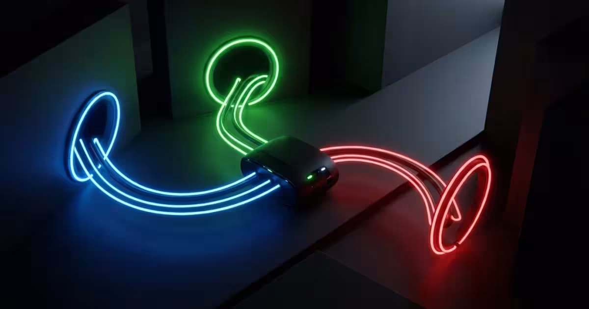 A 3D render of three glowing colored portals merging into one central hub, representing the Disney bundle.