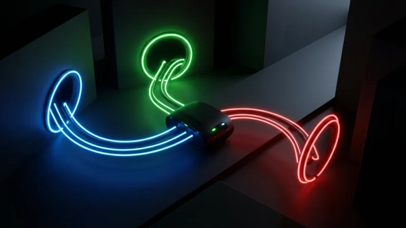 A 3D render of three glowing colored portals merging into one central hub, representing the Disney bundle.