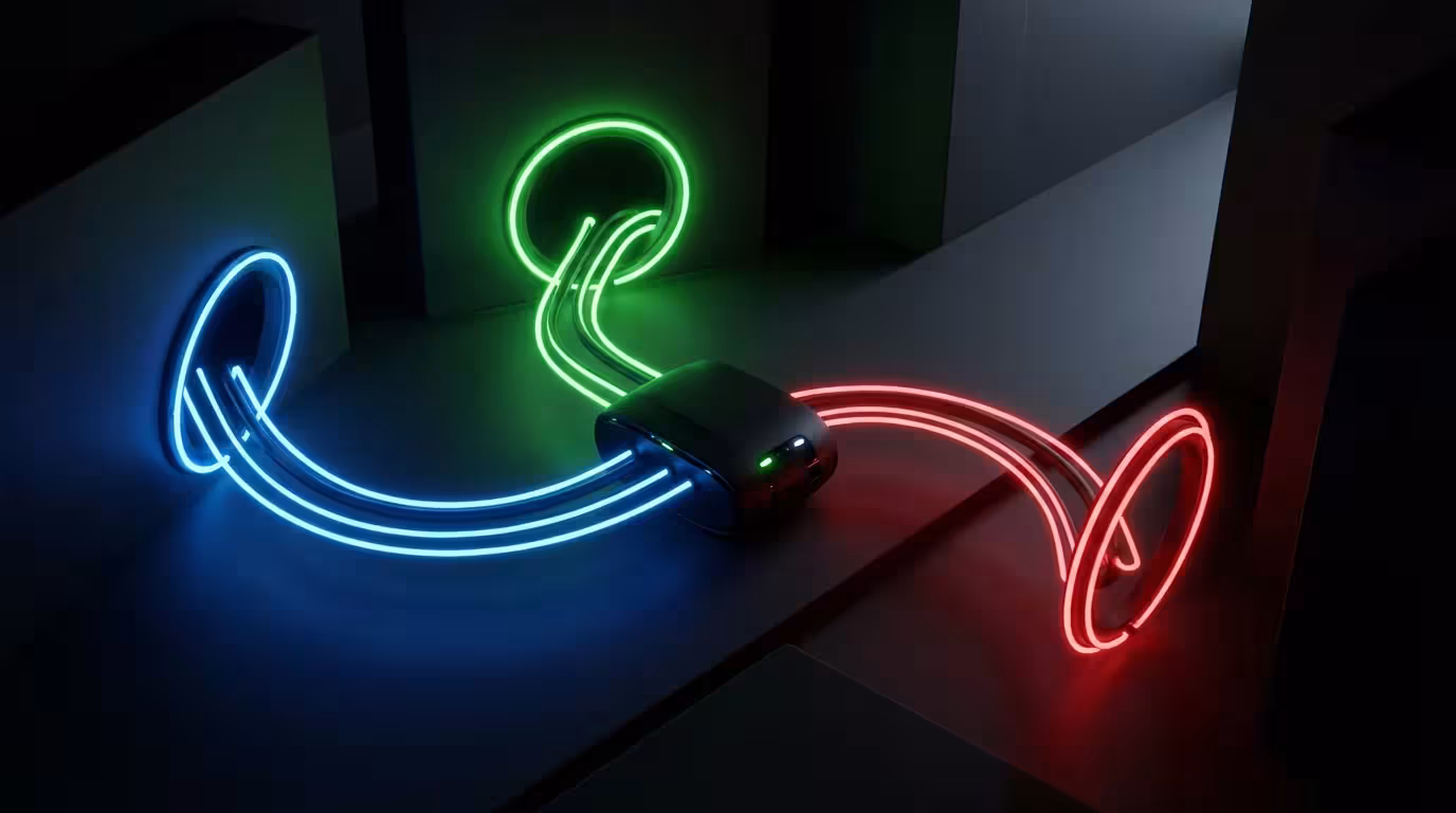 A 3D render of three glowing colored portals merging into one central hub, representing the Disney bundle.