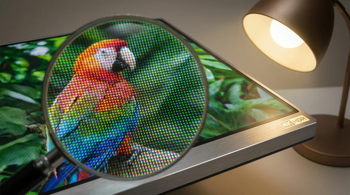 Extreme close-up of a 4K TV screen showing vivid colors and sharp details.