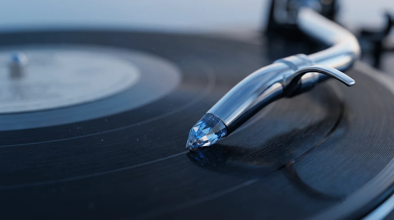 Extreme macro close-up of a turntable stylus in the groove of a vinyl record.